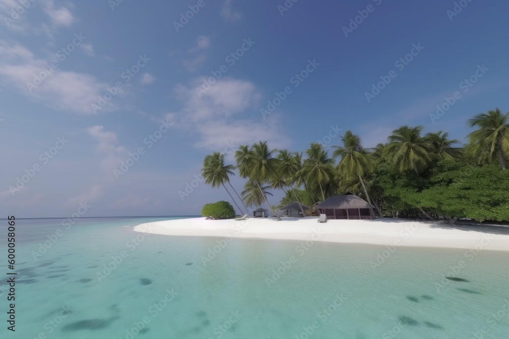 Naklejka premium Amazing drone view of the beach and water with beautiful colors. Paradise scenery water villas with amazing sea and beach, tropical nature. summer vacation.