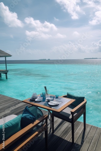 Amazing drone view of the beach and water with beautiful colors. Paradise scenery water villas with amazing sea and beach, tropical nature. summer vacation.