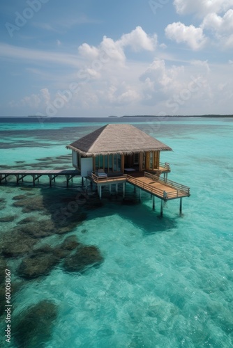Amazing drone view of the beach and water with beautiful colors. Paradise scenery water villas with amazing sea and beach, tropical nature. summer vacation.