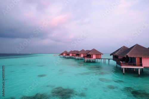 Amazing drone view of the beach and water with beautiful colors. Paradise scenery water villas with amazing sea and beach, tropical nature. summer vacation.