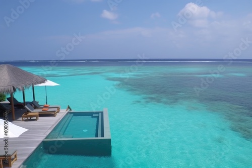 Amazing drone view of the beach and water with beautiful colors. Paradise scenery water villas with amazing sea and beach, tropical nature. summer vacation. © PimPhoto