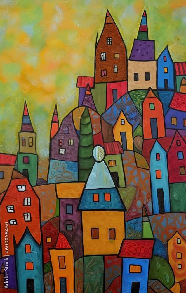 Abstract art colorful houses background, vivid european village. Ai generated