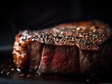 A steaming beef tenderloin steak is grilled in a grill pan with the text copy space, The concept of the recipe, filet Mignon. Generative ai