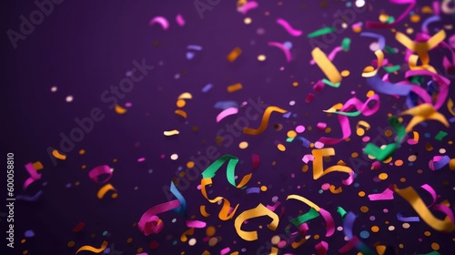 Celebration background with confetti. Holiday illustration with flying colorful particles of paper from cracker on purple background. generative ai © iamfrk7