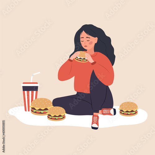 Eating disorder. Depressed woman eating fast food. Concept of extreme overeating. Bad habits. Food addiction. Vector illustration in flat cartoon style.