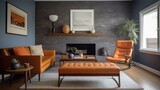 Interior design of Living Room in Mid-Century Modern style with Fireplace decorated with Leather, Wood, Metal, Textured fabrics material. Brick accent wall architecture. Generative AI AIG24.
