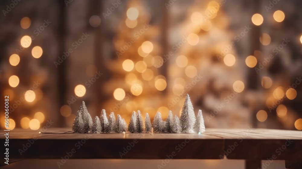 Empty wooden table top with abstract warm living room decor with christmas tree string light blue background with snow.  Generative ai