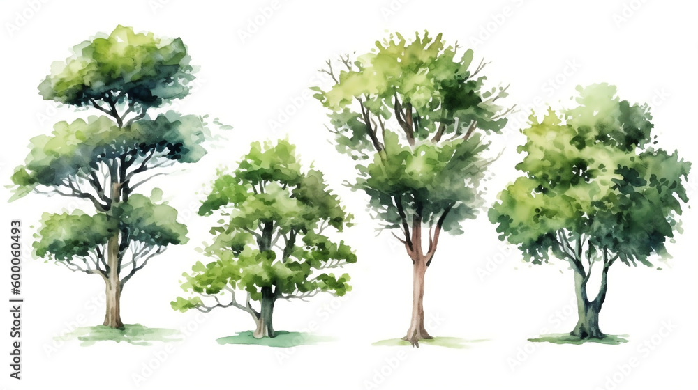 Watercolor trees on white background. Generative AI Watercolor trees on white background. Generative AI