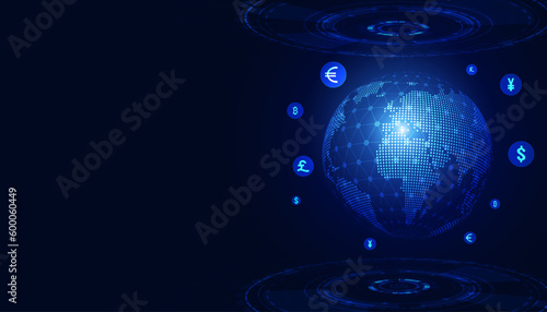 Abstract Currency Finance Currency Exchange different currencies On the Internet, dollar, euro, yen, baht, concept, world, futuristic, modern light on blue background.