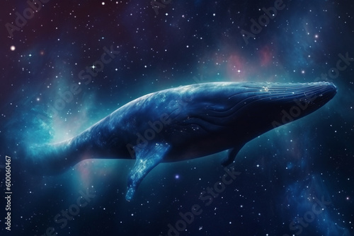 Abstract, state of minds, animal and sci-fi concept. Big blue whale floating in space background. Generative AI © Rytis