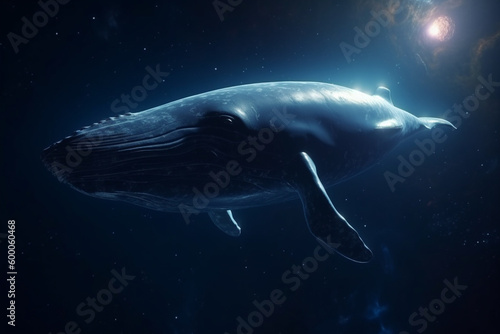 Abstract, state of minds, animal and sci-fi concept. Big blue whale floating in space background. Generative AI