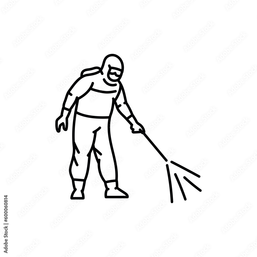 Worker in protective suit disinfects black line icon. Cleaning company Worker in protective suit disinfects black line icon. Cleaning company