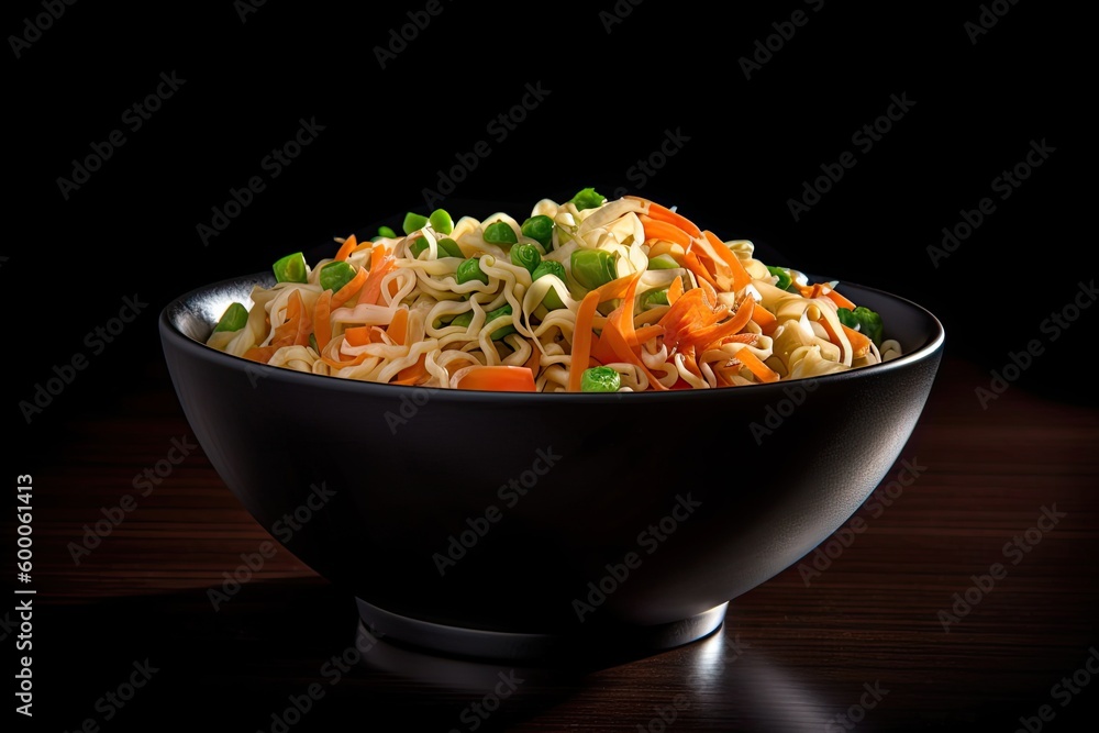 fried vegetables noodles in black bowl, served with vegetables and herbs, spicy asian lunch. Generative ai