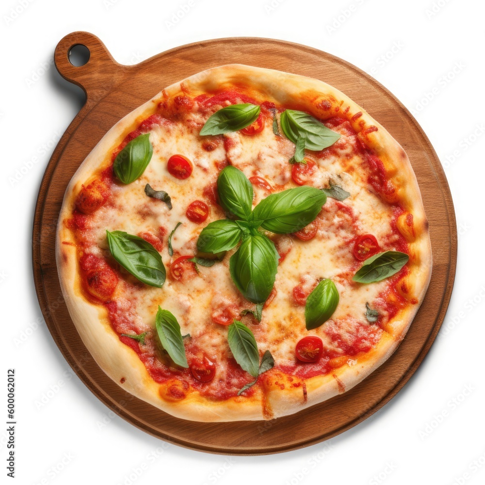 Top view of Pepperoni pizza with basil leaves on wooden board isolatedon white background. Generative ai