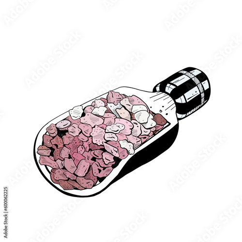 Vector illustration of sea cosmetic salt on small shovel. Black outline, graphic drawing in curves. For postcards, design and composition decoration, prints, posters, stickers, souvenirs, tattoos