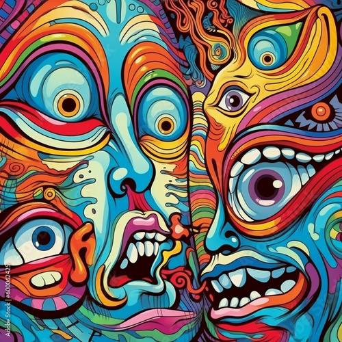 Surreal squared backdrop, shape face, psychedelic colorful abstract. Generative AI © pcruciatti