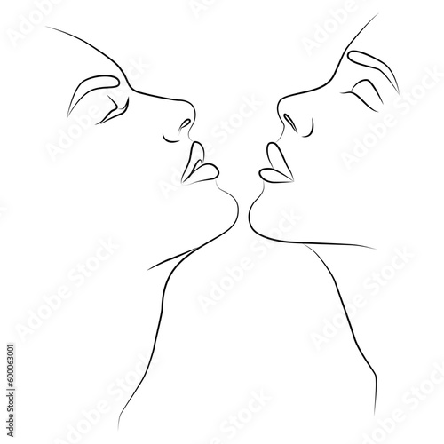 Abstract two faces stand in front of a couple, drawing on the same line. A couple of modern illustrations in a minimalist style. A modern artistic drawing of lovers with a continuous line.