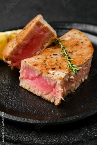 Closeup view of roasted tuna steak