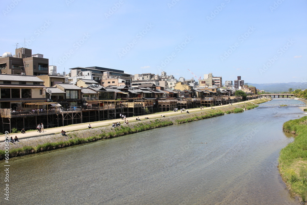 Kamo River and old town in Kyoto, Japan