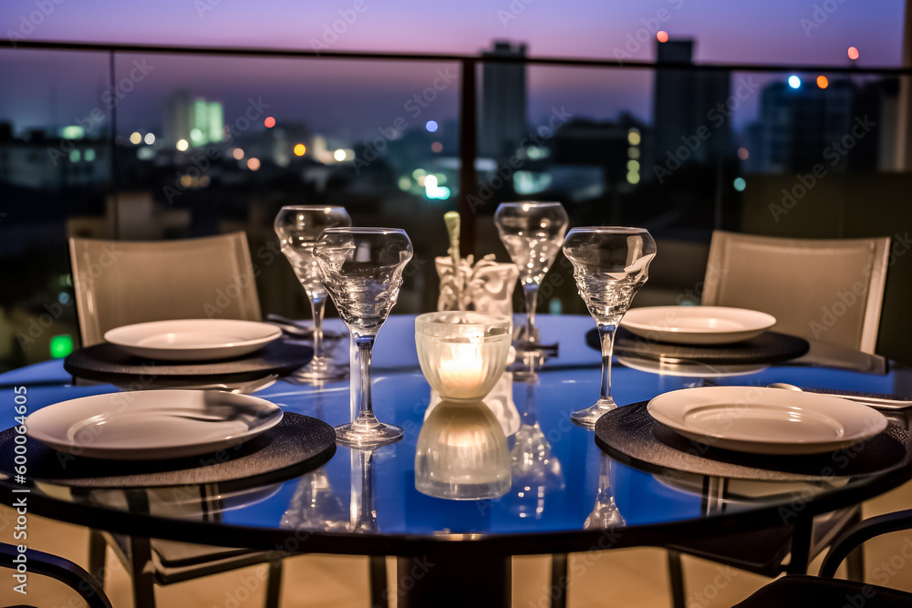 A luxurious dinner is set on a marble table with glass and ceramic dishes, silverware, and a stunning cityscape view in the background. The dinner takes place on a rooftop at twilight. generative AI.
