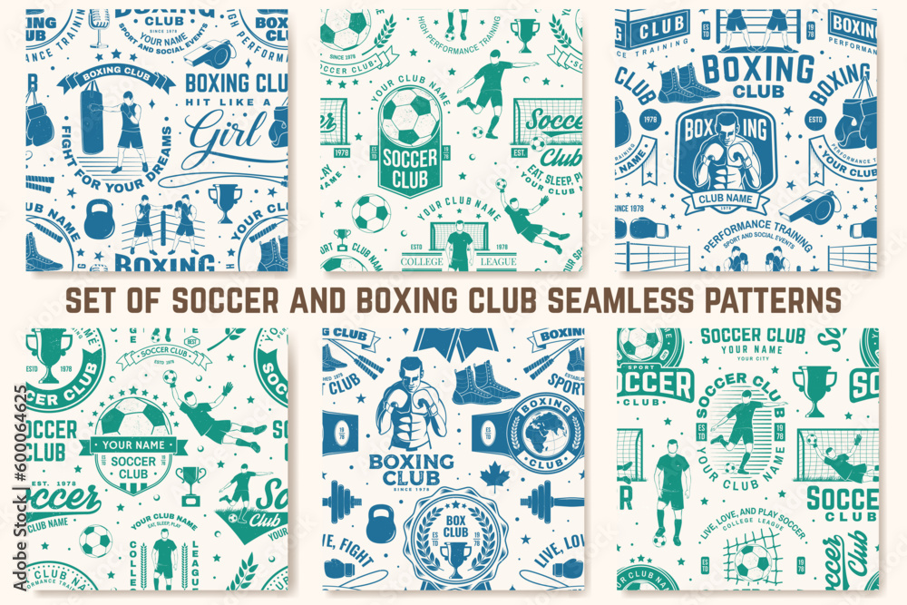Boxing and soccer club seamless pattern. Vector. For sport club background with boxer, soccer player, goalkeeper and gate silhouettes. Concept for boxing and soccer sport pattern background or