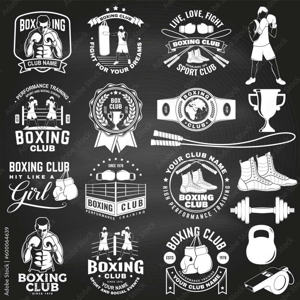 Set of Boxing club badge, logo design on chalkboard. Vector illustration. For Boxing sport club emblem, sign, patch, shirt, template. Vintage monochrome label, sticker with Boxer, gloves, boxing jump Set of Boxing club badge, logo design on chalkboard. Vector illustration. For Boxing sport club emblem, sign, patch, shirt, template. Vintage monochrome label, sticker with Boxer, gloves, boxing jump