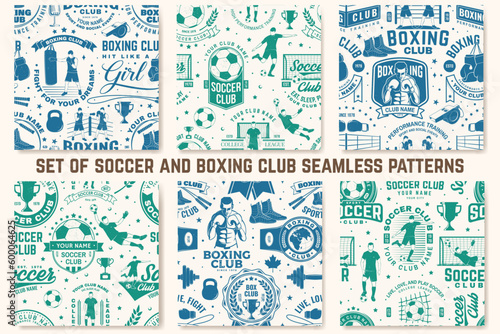 Boxing and soccer club seamless pattern. Vector. For sport club background with boxer, soccer player, goalkeeper and gate silhouettes. Concept for boxing and soccer sport pattern background or
