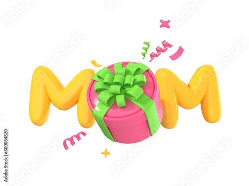 3D Happy Mother's Day poster with Mom text and pink Gift box. Decoration element for banner. 8 March Women's day. Cartoon creative design icon isolated on white background. 3D Rendering
