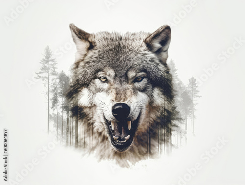 Double exposure - close-up of an angry wolf and forest, Generative AI © Aleksandr Bryliaev