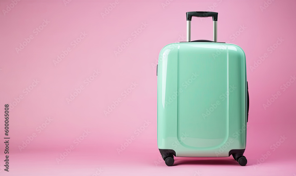 Green suitcase on pink background, Generative AI Green suitcase on pink background, Generative AI