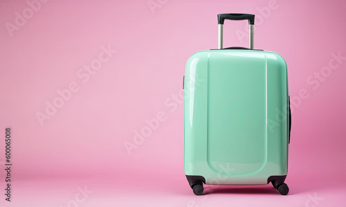 Green suitcase on pink background, Generative AI