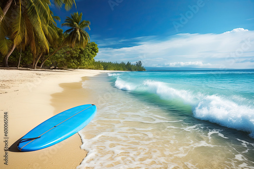 Surfboard lying on sand on tropical beach, Generative AI