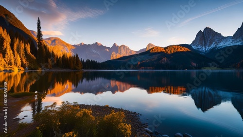 Gorgeous autumnal sunset over a lake. Generative AI. © Happy Hues