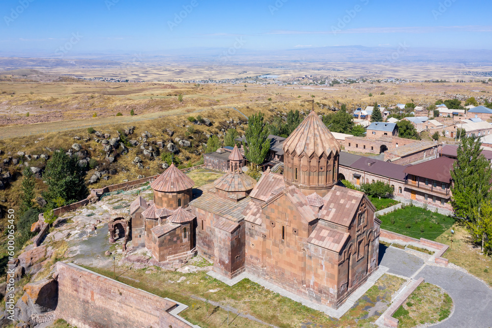 Aerial view of Harichavank monastery on sunny summer day. Harich village, Shirak Province, Armenia.