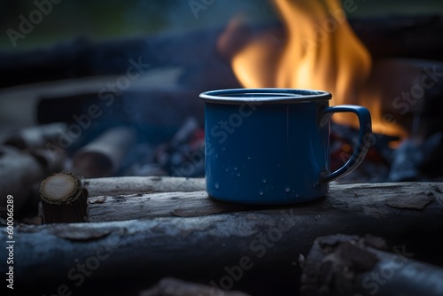 A blue enamel cup of hot coffee sitting on a wooden table.