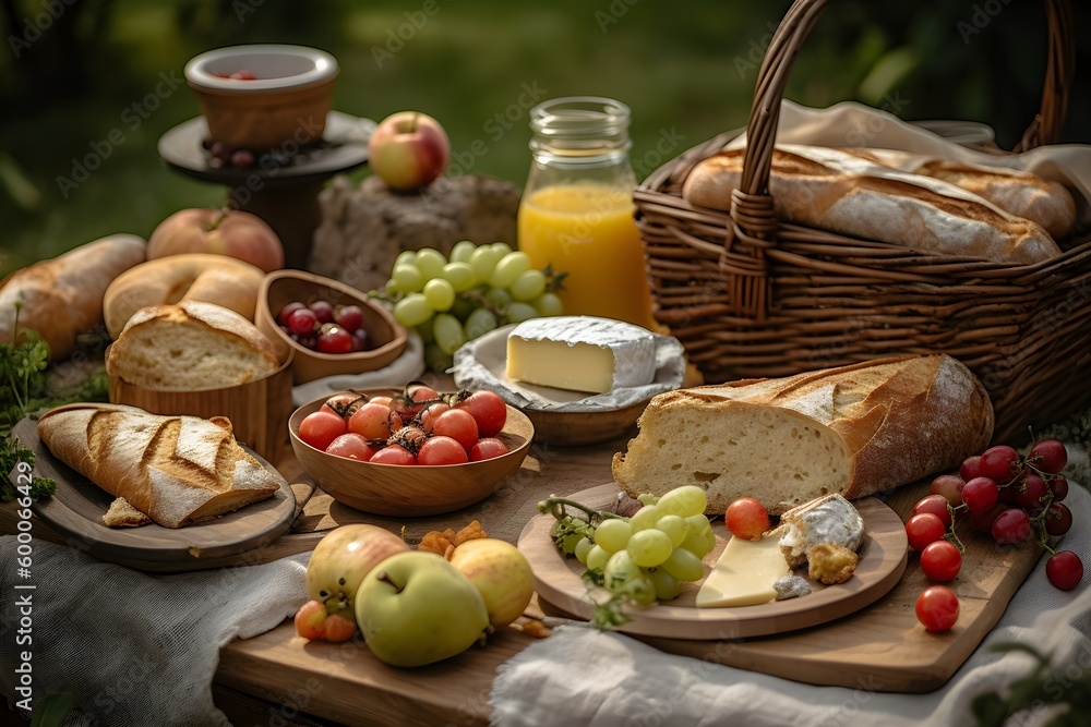 A mouth-watering selection of fresh food displayed on a picnic blanket.