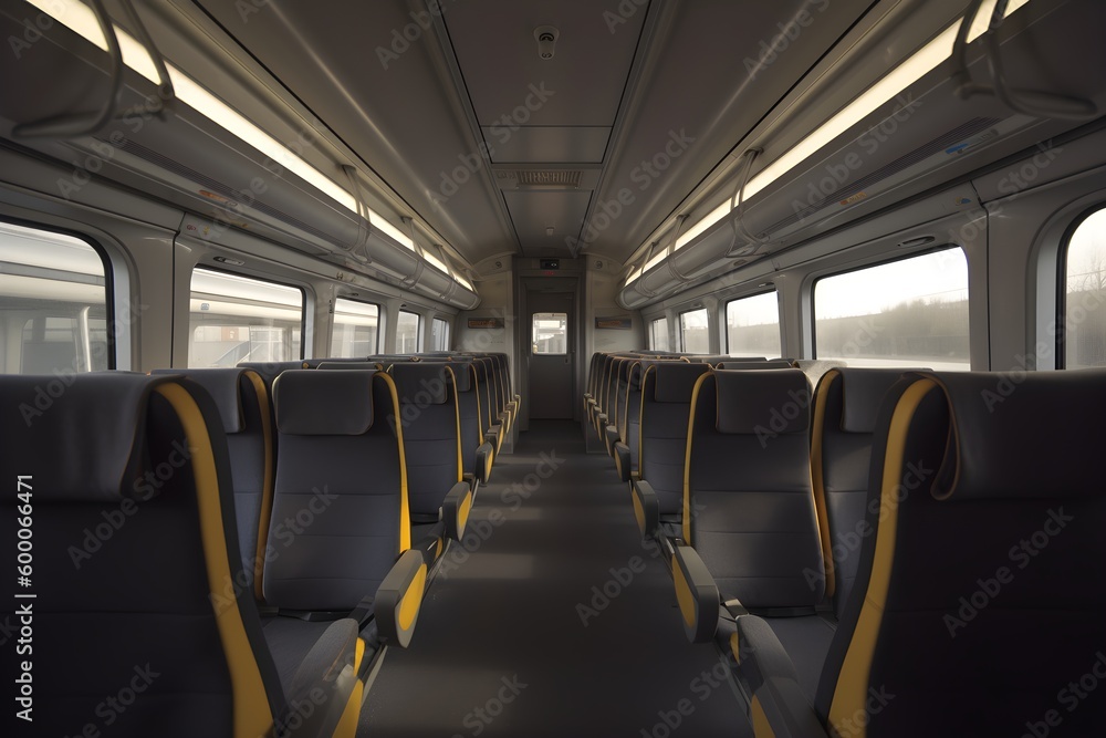 An empty train carriage with blue seats and windows.