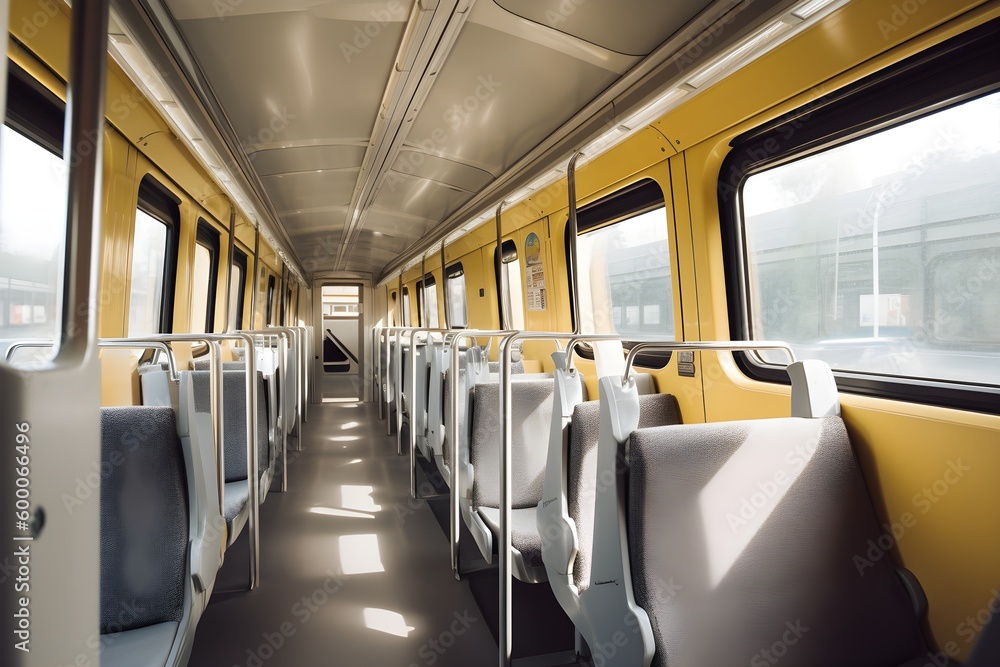 An empty train car with blue seats and a red door.