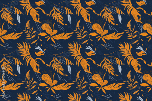 This creative and modern illustration features exotic jungle plants in a collage style pattern. The contemporary design makes this pattern perfect for fashion, drees and home decor applications