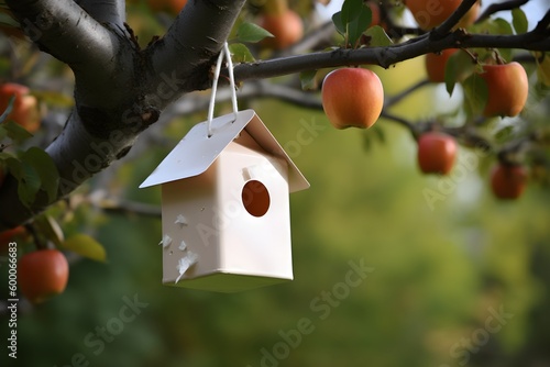 A DIY bird feeder made from a milk carton hanging from a tree.