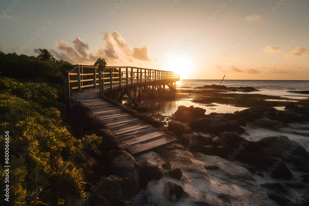 A wide shot of a footbridge leading to Smathers Beach, with a view of the endless ocean in the background.