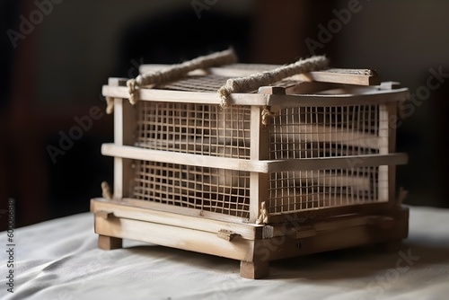 An antique plywood cage with rustic charm, designed for transporting small animals. © ron