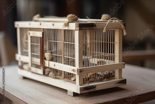 An antique plywood cage with a handmade design, used for transporting small animals.