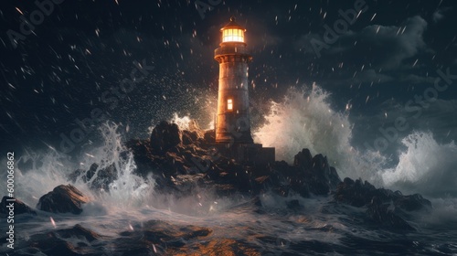 Lighthouse with beacon on coast in stormy sea. Generative AI.
