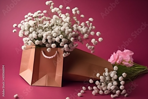 A pink paper bag is filled with delicate white Gypsophila flowers.