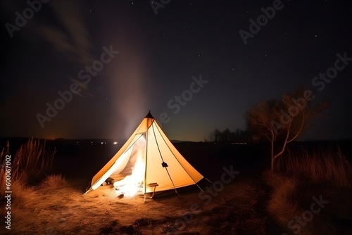 A white triangular camping tent sitting under a starry night sky.