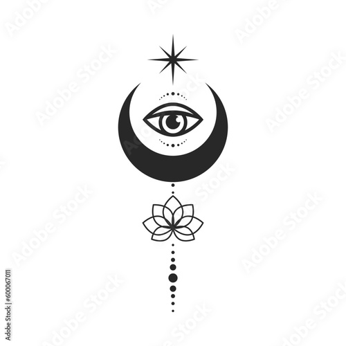Moon and all-seeing eye line art element isolated. Esoteric composition of vector elements, Graphic design tattoo.