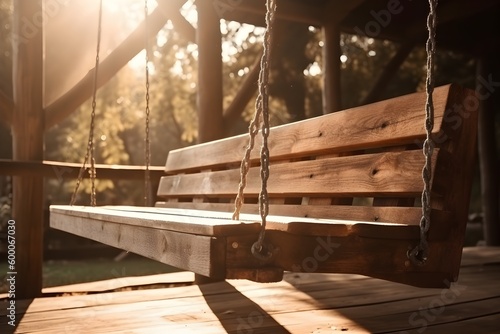 A rustic wooden bench swing hanging from a beam in a natural setting. © ron
