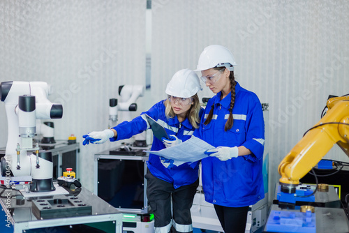 Team technician engineer using tablet control automation robotics at industrial modern factory. woman work at factory innovation automation. Staff introduces operation of robots in production process.