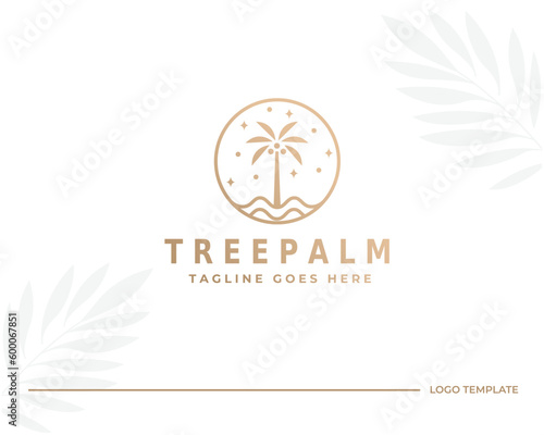 Palm tree logo. Luxury villas icon. Coconut tree emblem. Tropical beach paradise brand label. Exotic island resort summer vacation sign. Vector illustration.